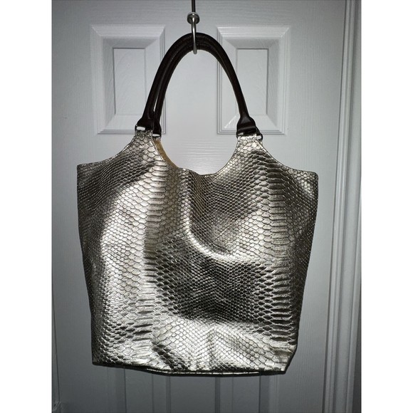 Neiman Marcus Gold Metallic Tote Python Snakeskin Shoulder Bag Purse Fish Scale - Picture 2 of 6
